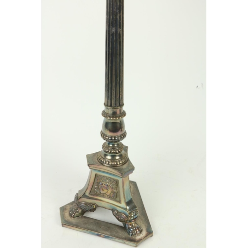 374 - A pair of tall four branch silver plated Altar Candelabra, with scrolling arms and reeded stems on t... 