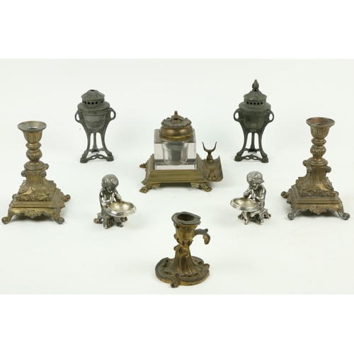 381 - A pair of silver plated Figural Salts, a rococo style gilt bronze Chamber Candlestick, a pair of Art... 