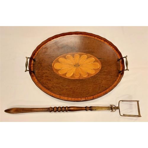 420 - A very attractive oval burr maple and kingwood banded Serving Tray, with wavy gallery and two brass ... 