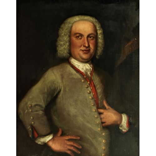 426 - 18th Century Irish School'Portrait of a Gentleman with grey wig, red waistcoat and grey buttoned ove... 