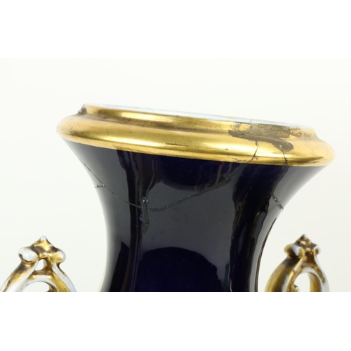 466 - An attractive pair of 19th Century French dark blue and parcel gilt porcelain Vases, each with two h... 