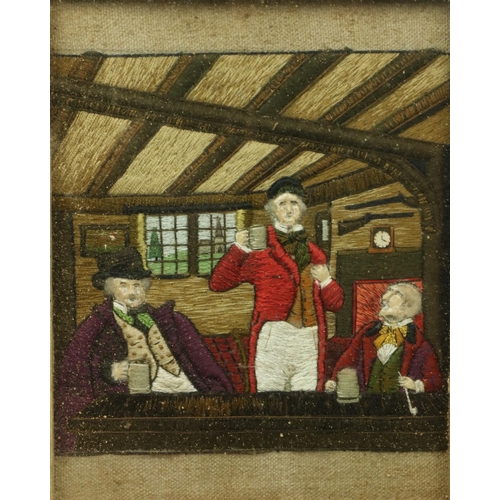 475 - A set of 3 good quality Needlework Tapestry Pictures, one depicting a couple with horse at stable do... 