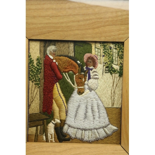 475 - A set of 3 good quality Needlework Tapestry Pictures, one depicting a couple with horse at stable do... 