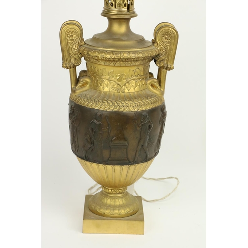 478 - An attractive bronze and gilt bronze Table Lamp, in the form of the Townley Vase, with two handles s... 