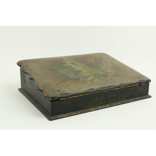 481 - A Victorian papier mache lacquered Lap Desk, decorated with ferns, opening to reveal a writing slope... 