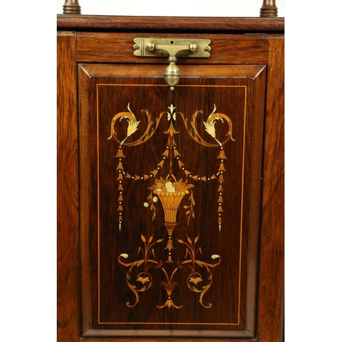 490 - A fine Edwardian walnut and marquetry Purdonium Whatnot, of square form with upper shelf and drop fr... 