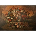 Late 18th Century Flemish School Still Life, a large 'Colourful Basket of Flowers, with landsca... 
