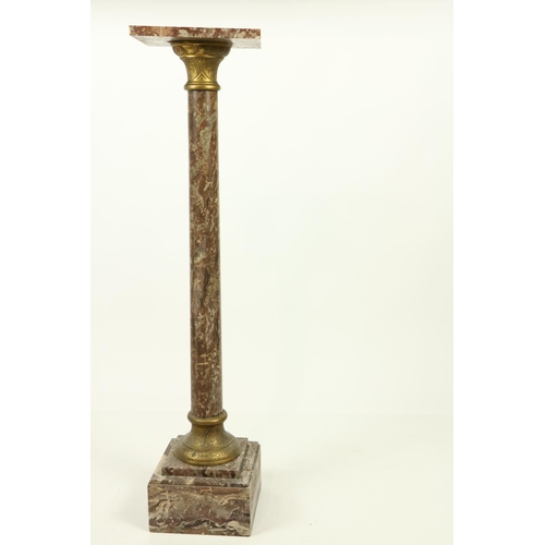 1005 - A French Rouge-de-Fer marble and brass mounted Pedestal, with square top and cylindrical stem and sq... 