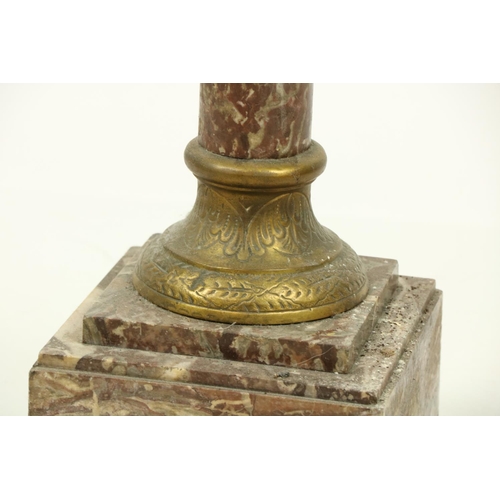 1005 - A French Rouge-de-Fer marble and brass mounted Pedestal, with square top and cylindrical stem and sq... 