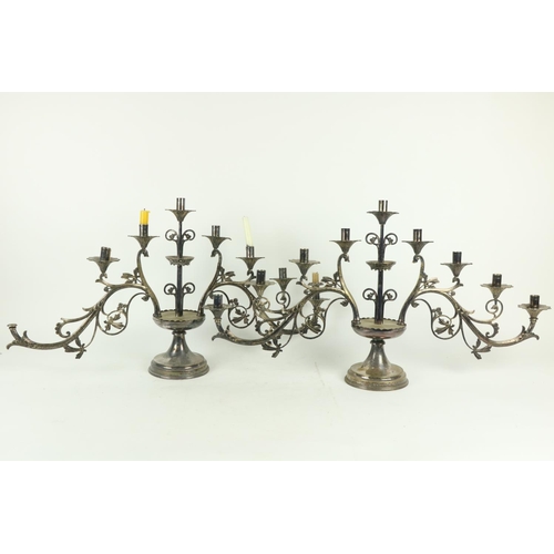 1012 - A pair of heavy 9 light silver plated Altar Candelabra, (one as is) 20