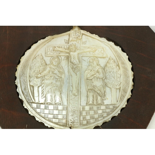 1014 - A pair of 19th Century carved and etched mother-o-pearl Panels, one with scene of the Last Supper an... 