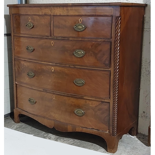 1048 - A George IV inlaid and bow fronted mahogany Chest, of three long and two short drawers with 1/4 spir... 