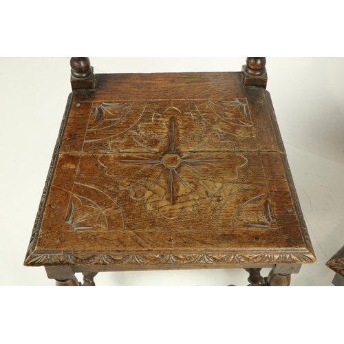 1057 - A pair of 17th Century style carved oak Side or Hall Chairs, each with solid seat. (2)... 