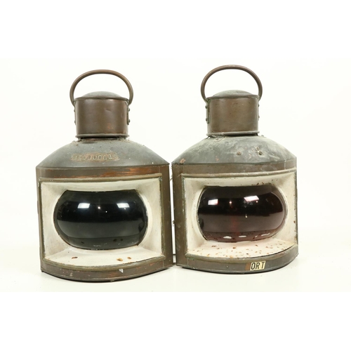 1063 - A pair of old bow fronted copper Ships Corner Lanterns, for Port and Starboard, 17