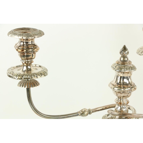 612 - A fine early pair of Sheffield silver plated two branch Candelabra, each with scrolling arms and urn... 