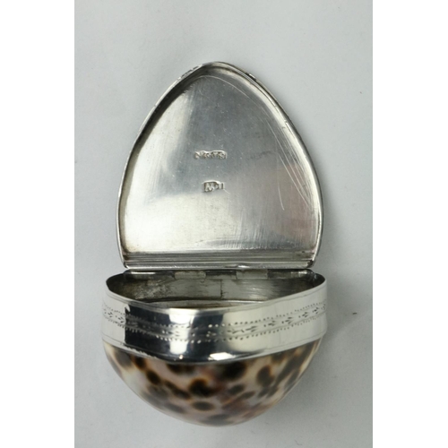 645 - A rare Irish Provincial silver crested cowrie shell Snuff Box, by Jane Williams, Cork c. 1795, 2 3/4... 