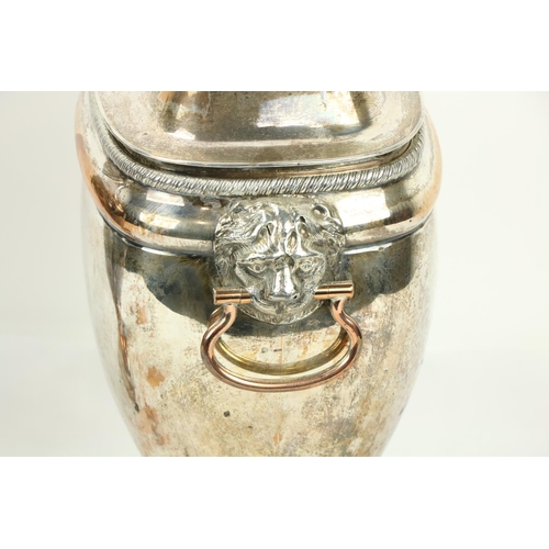 646 - A pair of Old Sheffield silver plated Urns and Covers, each with two lion mask and ring handles and ... 