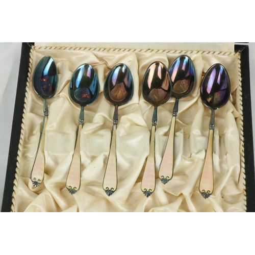 649 - A very attractive cased set of 6 Art Deco blue enamel and silver gilt Coffee Spoons, together with a... 