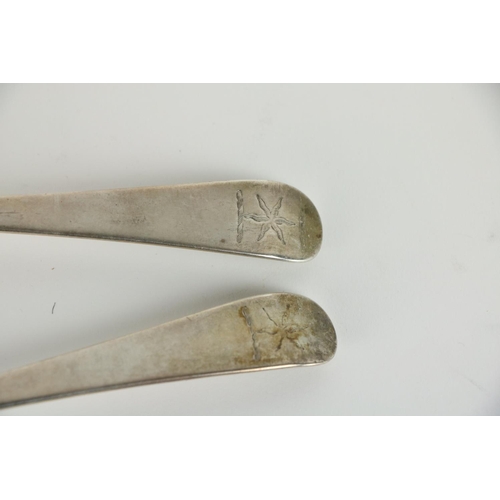 671 - A pair of silver Serving Spoons, London 1774-5, John Loutier?, 28cms long. (2)