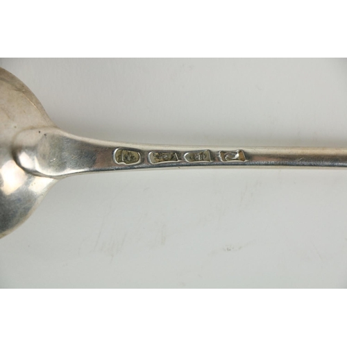 671 - A pair of silver Serving Spoons, London 1774-5, John Loutier?, 28cms long. (2)