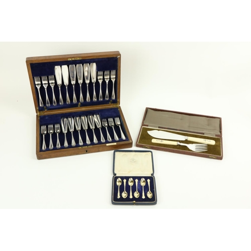 675 - A cased set of 24 Fish Knives and Forks, (12 + 12) in fitted wooden case, together with a cased set ... 