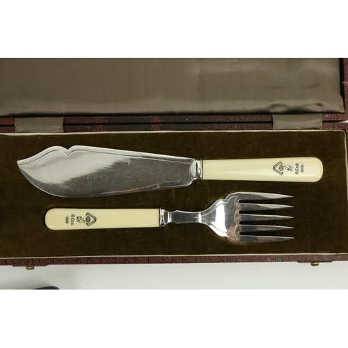 675 - A cased set of 24 Fish Knives and Forks, (12 + 12) in fitted wooden case, together with a cased set ... 