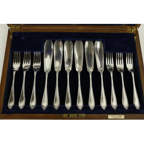 675 - A cased set of 24 Fish Knives and Forks, (12 + 12) in fitted wooden case, together with a cased set ... 