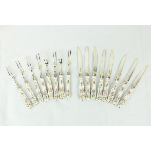 680 - A set of 16, silver Fruit Knives & Forks (8 + 8), with porcelain handles, some damaged. (16)... 