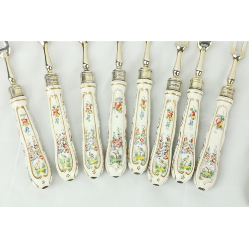 680 - A set of 16, silver Fruit Knives & Forks (8 + 8), with porcelain handles, some damaged. (16)... 