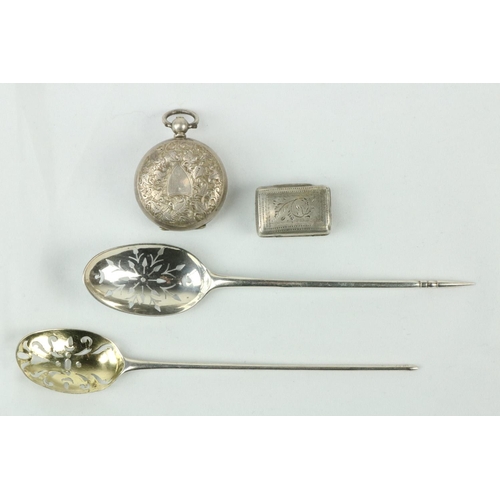 691 - Two varied 18th Century Mote Spoons/Skimmers, a very small engraved silver Vinaigrette (lacks grill)... 