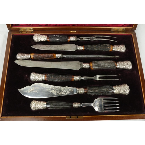 719 - A cased 7 piece Victorian silver Carving Set, each item with bone handle. (7)