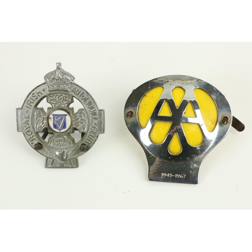 735 - An old Royal Irish Automobile Club Car Grill Badge, and another AA Badge. (2)... 