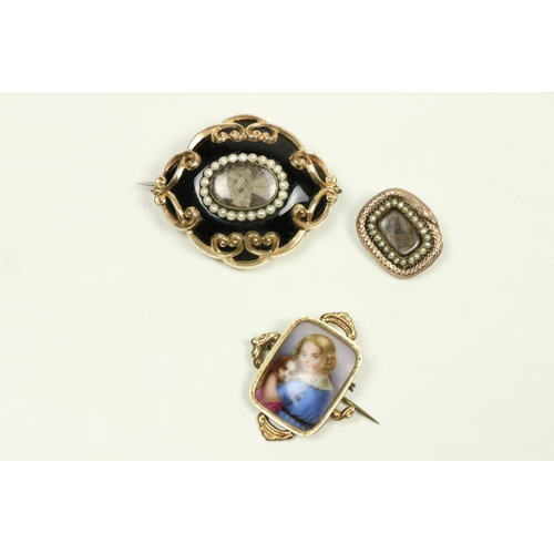 744 - A fine small 19th Century gold Brooch, with inset painted porcelain panel of young boy with dog; a l... 