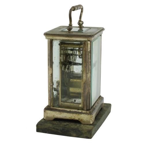 747 - A small 19th Century English brass cased Carriage Clock, on a green marble base (loose). (2)... 