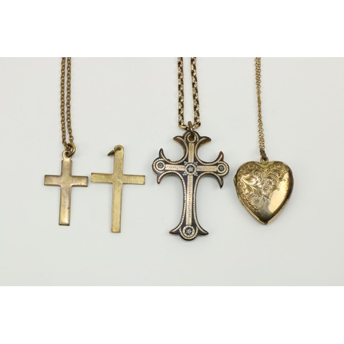 767 - An engraved Locket, with gold chain, a gold link Chain with crucifix and two other crucifix pendants... 