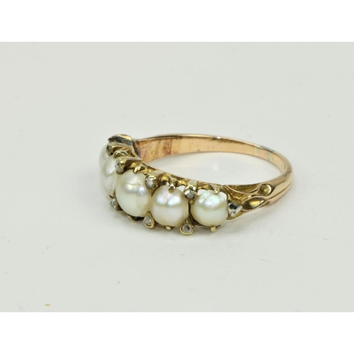 782 - An attractive gold Ring, by West & Son, Dublin, with band of five pearls (some natural) and nine... 