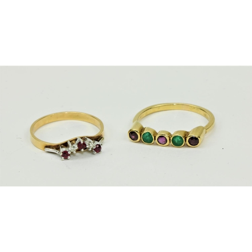 786 - An 18ct gold Ring, with two small diamonds, and three red stones (possibly rubies); also an 18ct gol... 