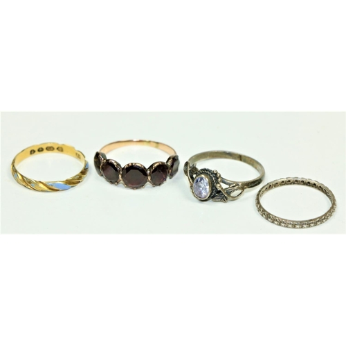 790 - A five stone garnet Ring, and three other varied Rings. As a lot, w.a.f. (4)