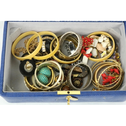 794 - Blue Jewellery Box: Varied collection of silver and other Bangles including one with micro-mosaic vi... 