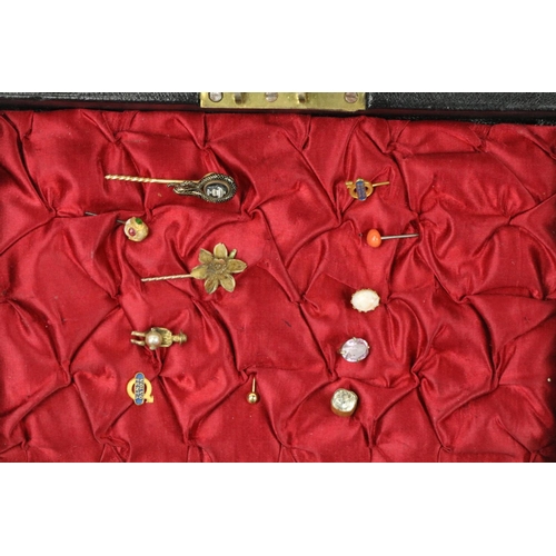 795 - Jewellery Box:   Containing some turquoise stones, some items with ruby type stones, 8 varied tie-pi... 