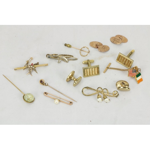 797 - A collection of gold Tie Pins and Cufflinks, some with pearl insets, as a lot, w.a.f. (1)... 