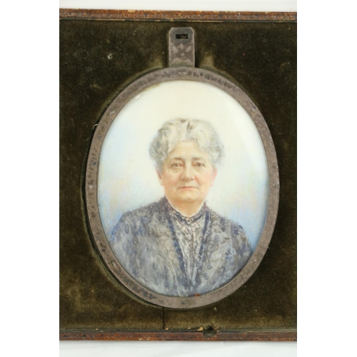 807 - English Edwardian SchoolA large painted oval miniature of 'An Elderly Lady,' on bone, in leather fra... 