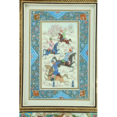 848 - An Indian Hunting Scene, with figures on horse, on paper, in colourful mica frame with hunting scene... 