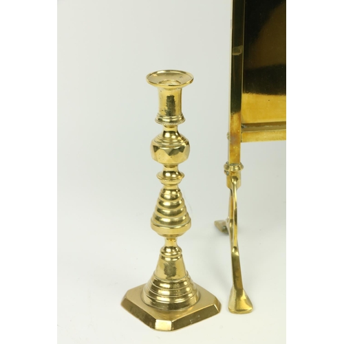 864 - A brass Cheval Fire Screen, and a pair of brass Candlesticks, 10