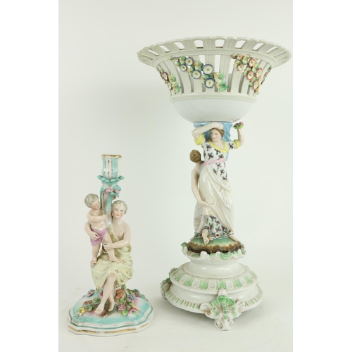 866 - A Sitzendorf porcelain Candlestick, modelled with Woman and Infant, 12 1/2