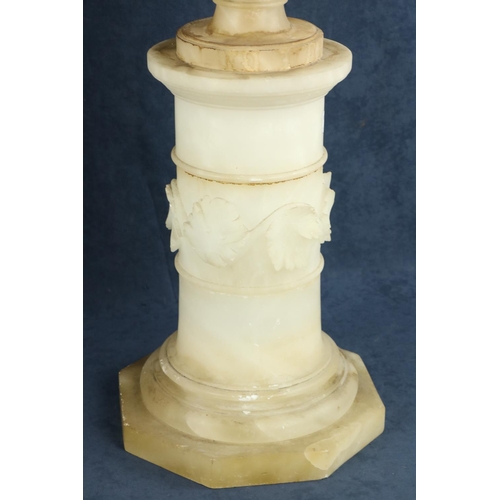 878 - A fine pair of 19th Century alabaster Urns on stands, each urn with carved floral sprays on conformi... 