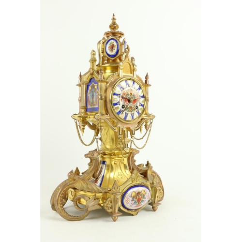 883 - A 19th Century French Mantel Clock, of mythical design, decorated with colourful porcelain panel and... 