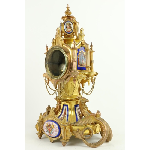 883 - A 19th Century French Mantel Clock, of mythical design, decorated with colourful porcelain panel and... 