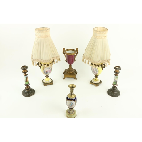 892 - A pair of attractive yellow ground German porcelain and brass mounted Vases, adapted as table lamps ... 