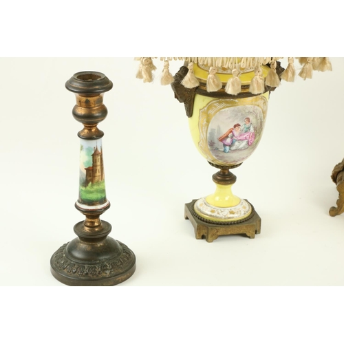 892 - A pair of attractive yellow ground German porcelain and brass mounted Vases, adapted as table lamps ... 